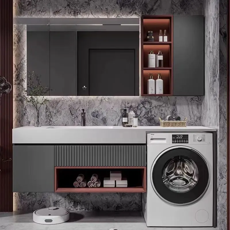 Gabinete con espejo para balcón, gabinete para lavadora, lavabo de pizarra de madera maciza sin costuras, lavabo de Corian, lavabo, cabina de baño