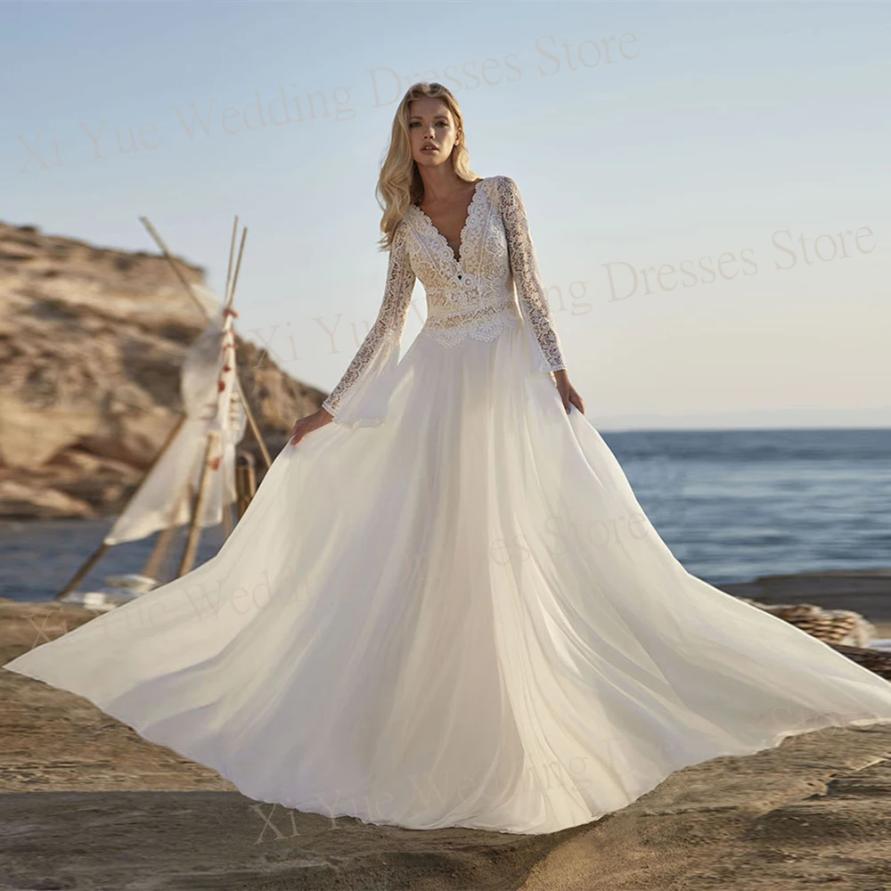 2024 Modern Charming A Line Chiffon Women's Wedding Dresses Lace Appliques Long Flare Sleeve Bride Gowns V Neck Backless 웨딩드레스