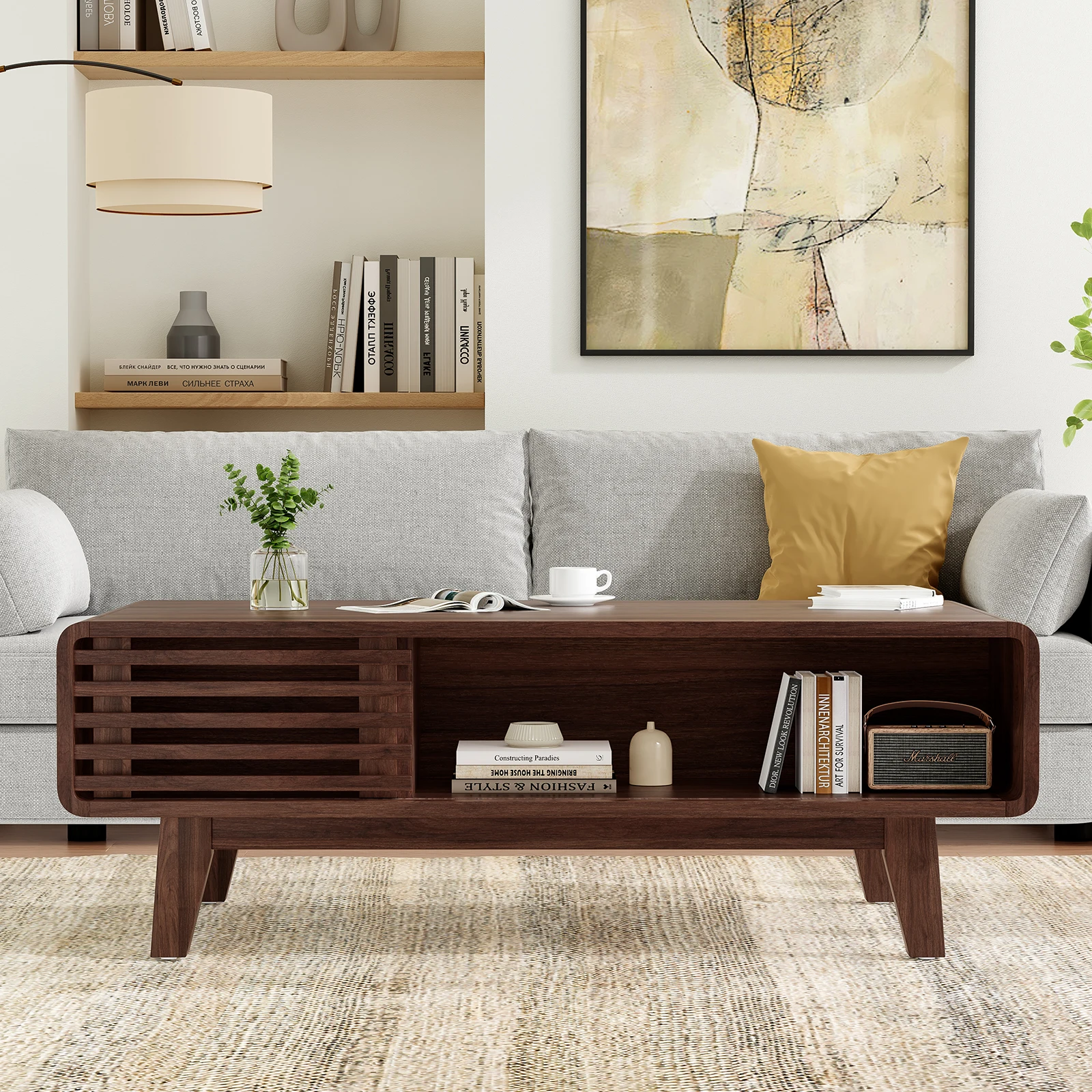 Mid Century Modern Farmhouse Coffee Table with Storage, Wood Table for Living Room, Farmhouse Style image 3