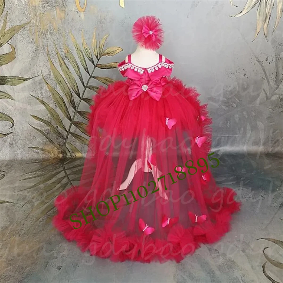 Vestido de niña de las flores para boda, tul hinchado, apliques de mariposa 3D, cuentas con cola desmontable, fiesta de cumpleaños, vestido de primera comunión