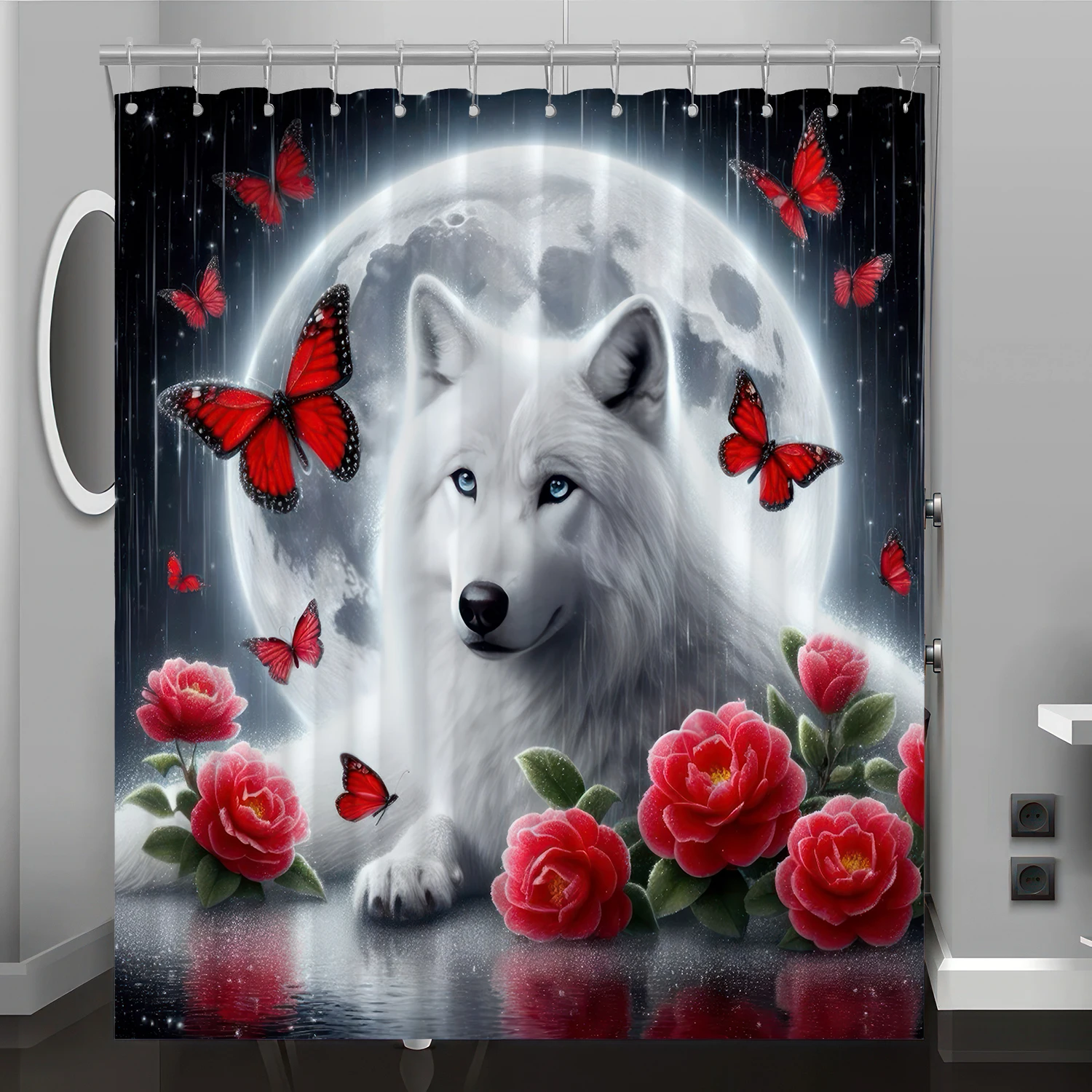 Wolf pattern digital print shower curtain, bathroom décor home décor, free hooks