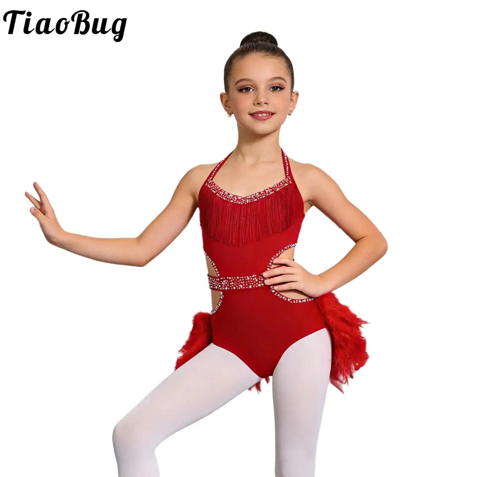 Kids Girls Latin Jazz Dance Costume Halter Sleeveless Cutout Rhinestones Feather Skirted Leotard for Figure Skating Gymnastics