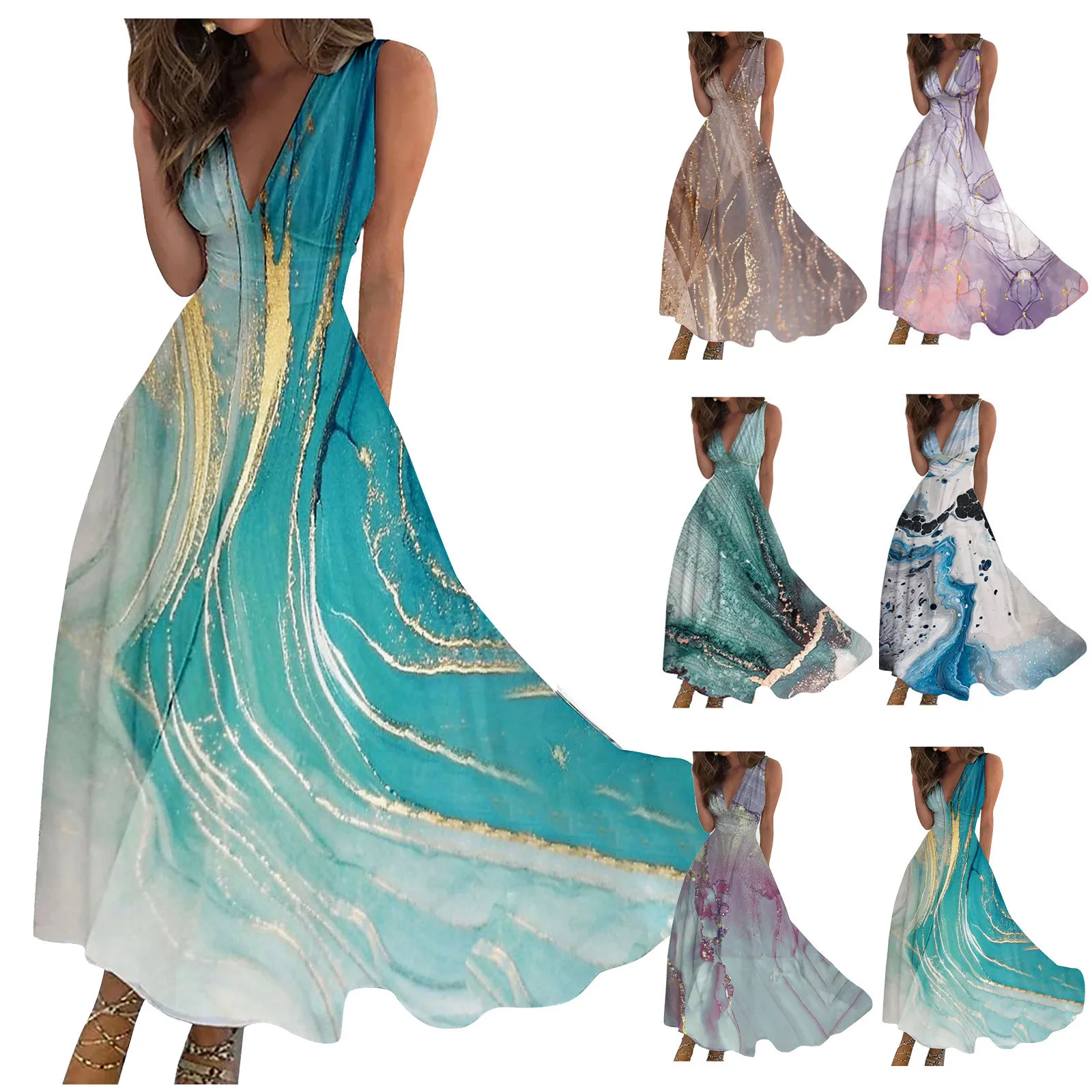 Maxi vestido largo informal para mujer, ropa de calle Floral A la moda, estampado de fecha diaria al aire libre, sin mangas, cuello en V