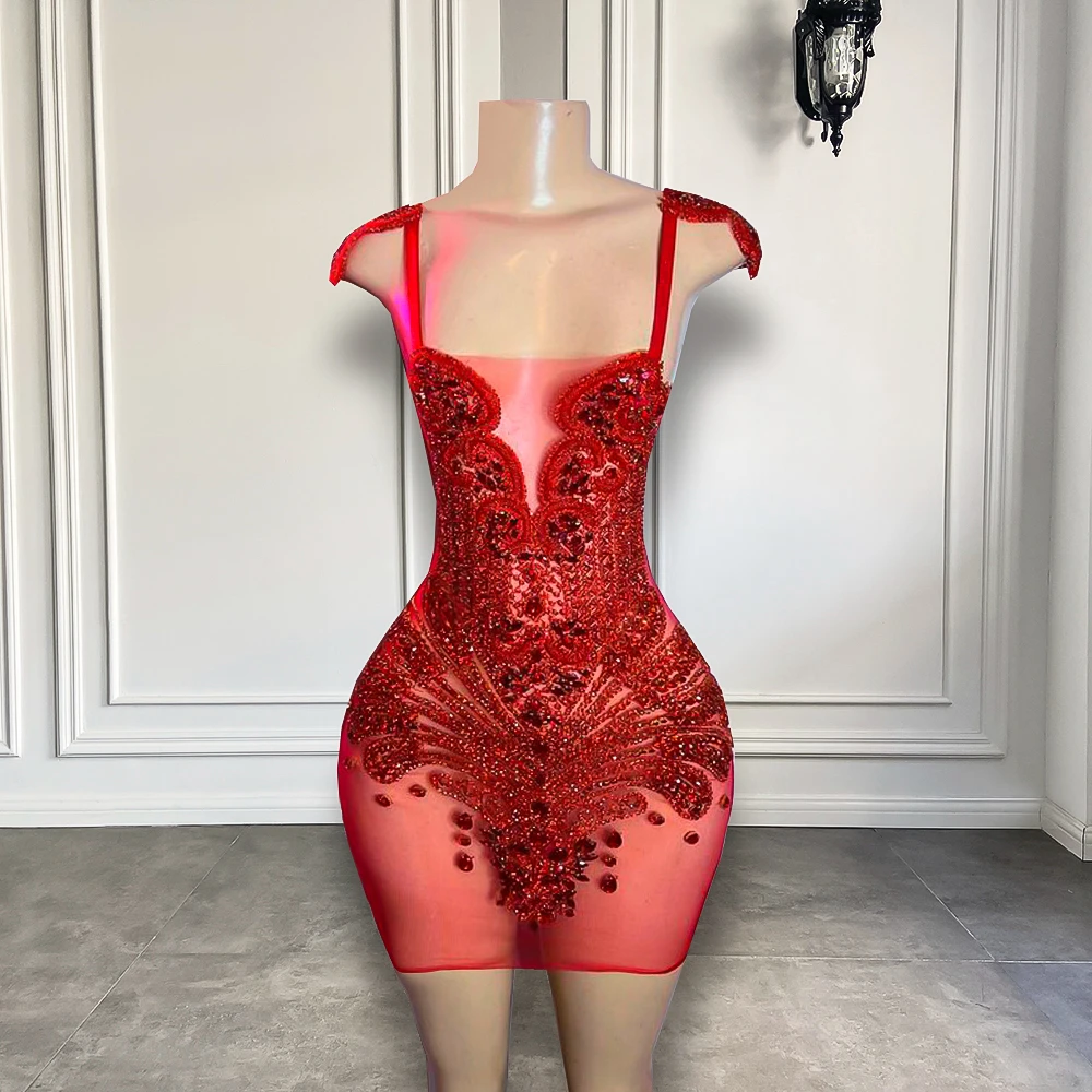 

Luxury Sexy See Through Beaded Crystals Women Birthday Party Gowns Red Sparkly Diamond Black Girl Short Prom Dresses 2025
