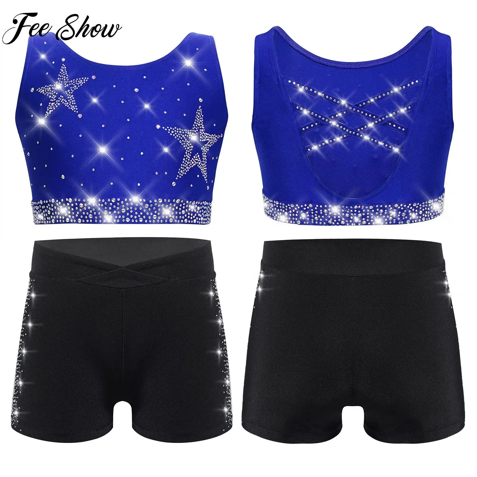 

Kids Girls Gymnastics Acrobatics Figure Skating Costume Rhinestones Tops with Shorts Set Stage School Show Performance Dancewear
