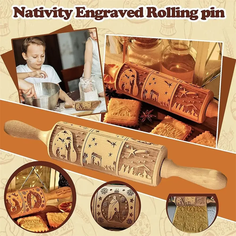 Kitchen Nativity Engraved Rolling Pin Embossed Dough Roller Xmas Cookie Cutter Pastry Christmas Gifts Carved Mold Cookies Natal