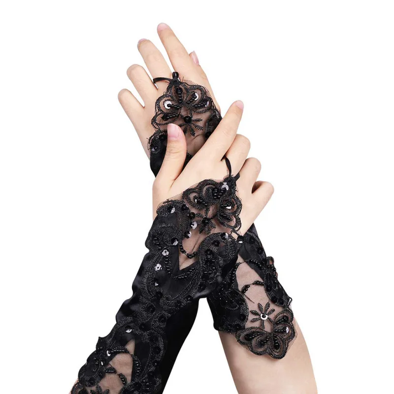 Women Satin Hook Finger Fingerless Gloves Retro Style Opera Stage Performance Etiquette Elasticity Lace Sequins Wedding Bride