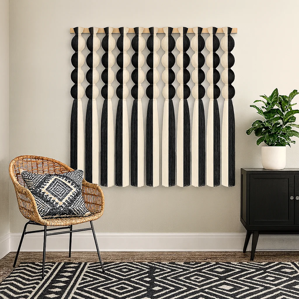 #￥New Craftsmanship Black and White Color Blocking Boho Wall Hanging Handwoven Cotton Macrame