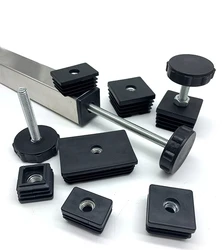 Tapones de tubo de plástico cuadrados negros de 20 ~ 40mm, almohadilla de pie de tornillo ajustable, tapas de extremo de pata de muebles, ajuste de longitud del pie M8x50 M8x100, 1 Uds.