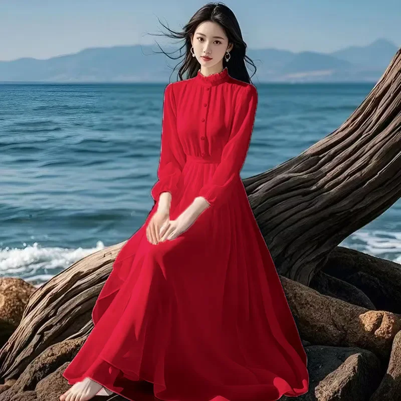 

Spring Summer Women Dress 2025 New Bohemian Beach Long Chiffon Dresses Elegant Ladies Long Sleeves Sundress Slim Ladies Vestidos