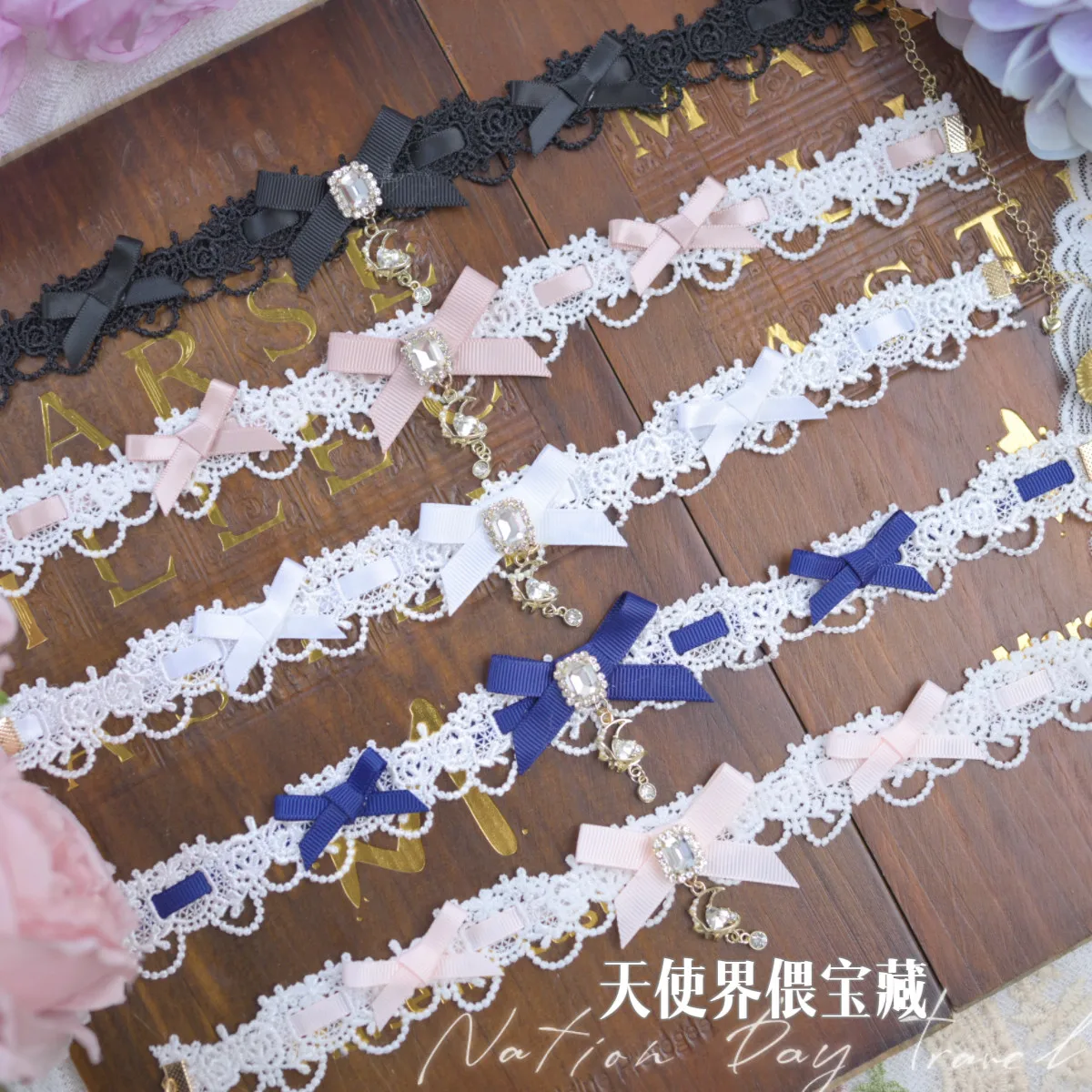 Lolita Style Lace Choker Necklace, Stars Moon Pendant with Rhinestone, Sweet Kawaii Choker Gift for Women Girls