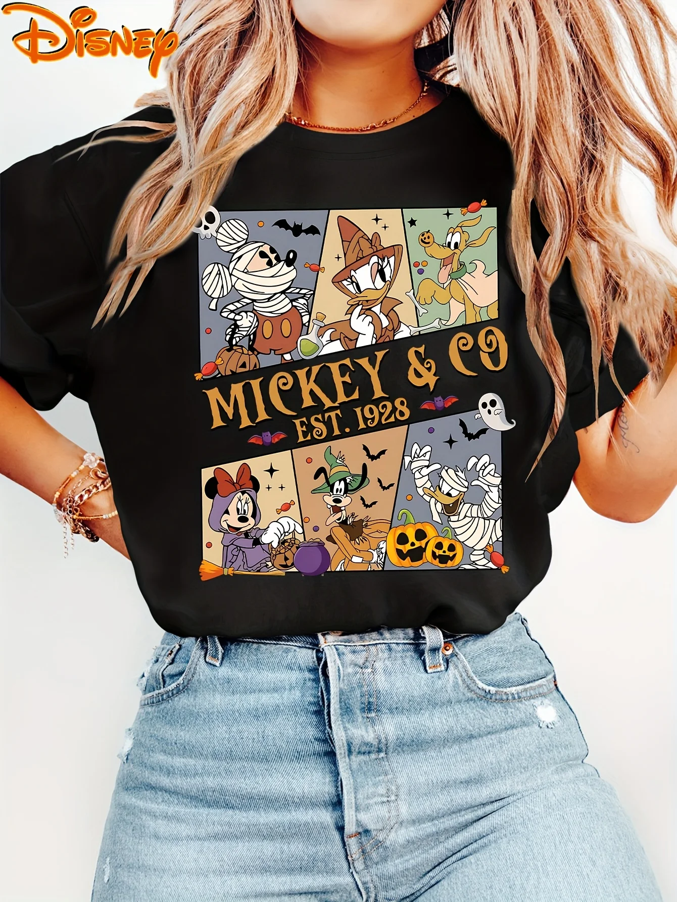 

Halloween Disney men's and women's short sleeved retro classic Mickey Mouse family series printed round neck summer T-shirt