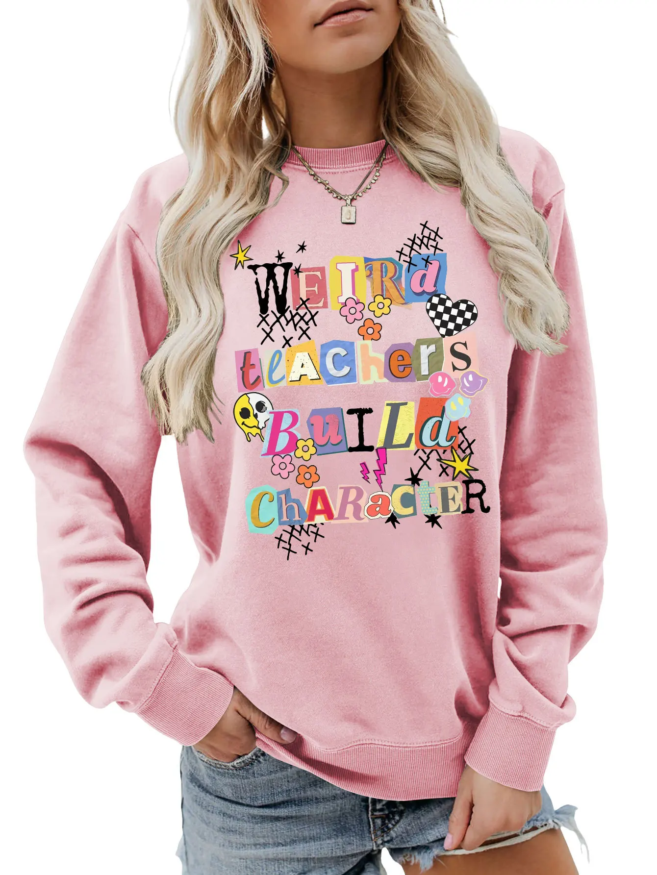 Autumn new long-sleeved casual T-shirt hoodie weird teachers build printed loose crew neck ladies top with all fashion pullover