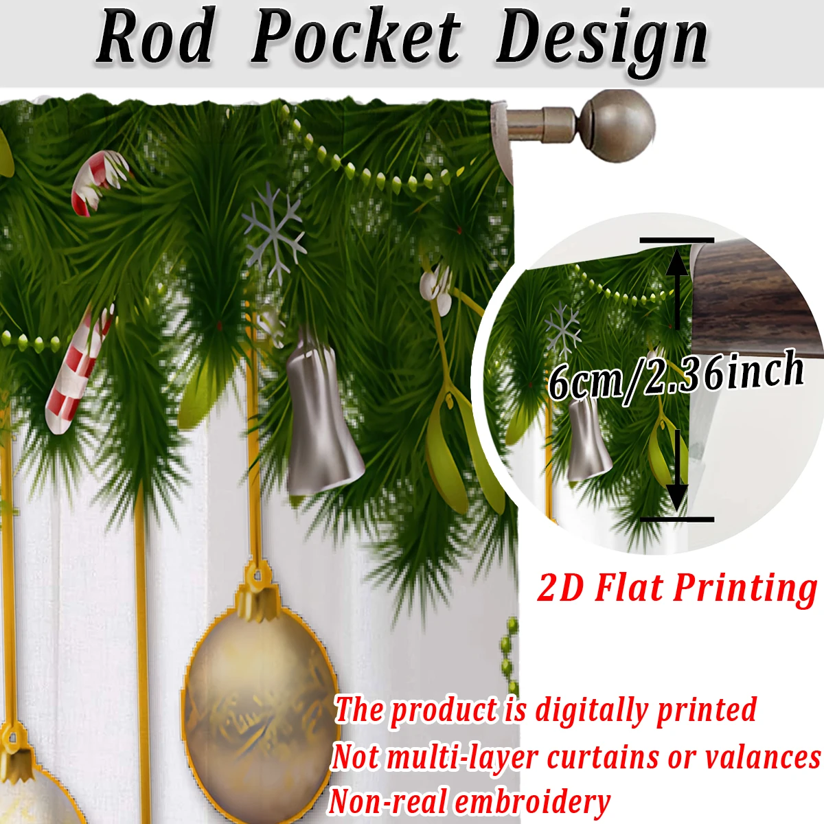 ستارة شفافة مطبوعة مسطحة لعيد الميلاد مع كرة عيد الميلاد فروع الصنوبر الحلوى لغرفة المعيشة وغرفة النوم وحفلات العطلات