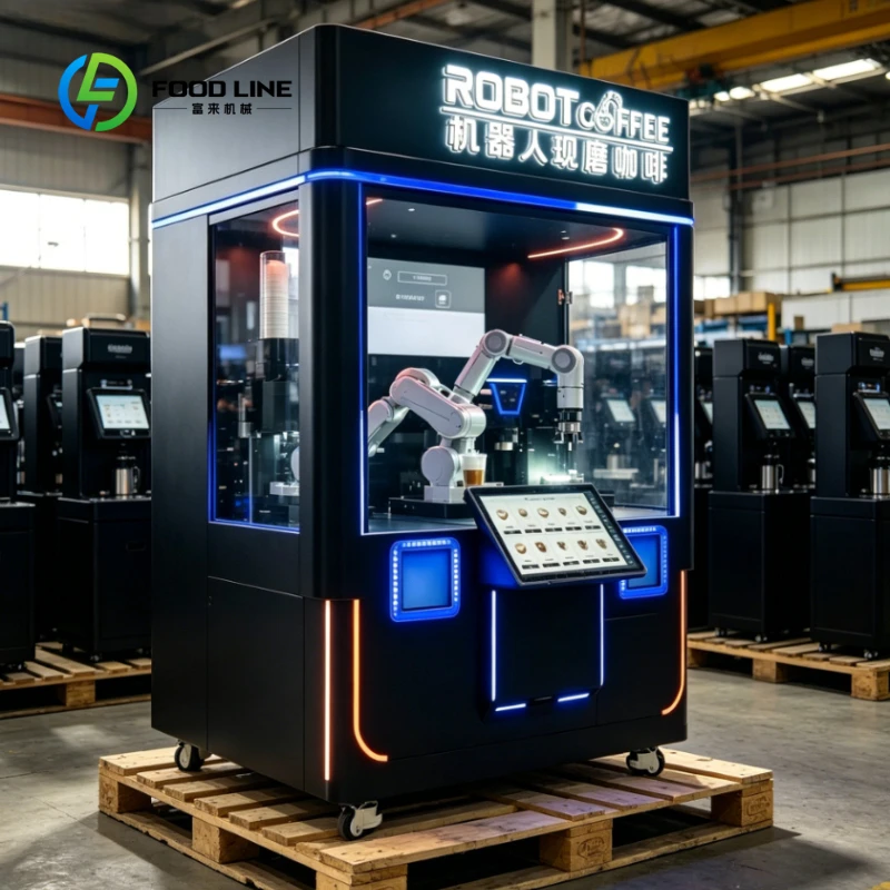 Customized Matte Black Dual Manipulator Robot Coffee Vending Kiosk, Full Automatic Fresh Grind Espresso Latte Machine