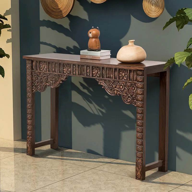 Thai solid wood hand-carved entrance table, strip case club table, Southeast Asian style elm furniture