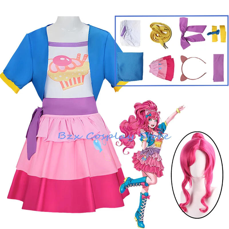 Little Pony Pinkie Pie Cosplay Costume Human Female Pink Dress for Girl Wig Suit Halloween Carnival Costumes Prop Kids Size