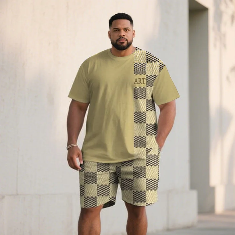 Men's Plus Size 2 Piece Art Letter Graphic T-Shirt and Shorts Set, Short Sleeve Crew Neck, Casual Summer Weekend Wear, S-9XL