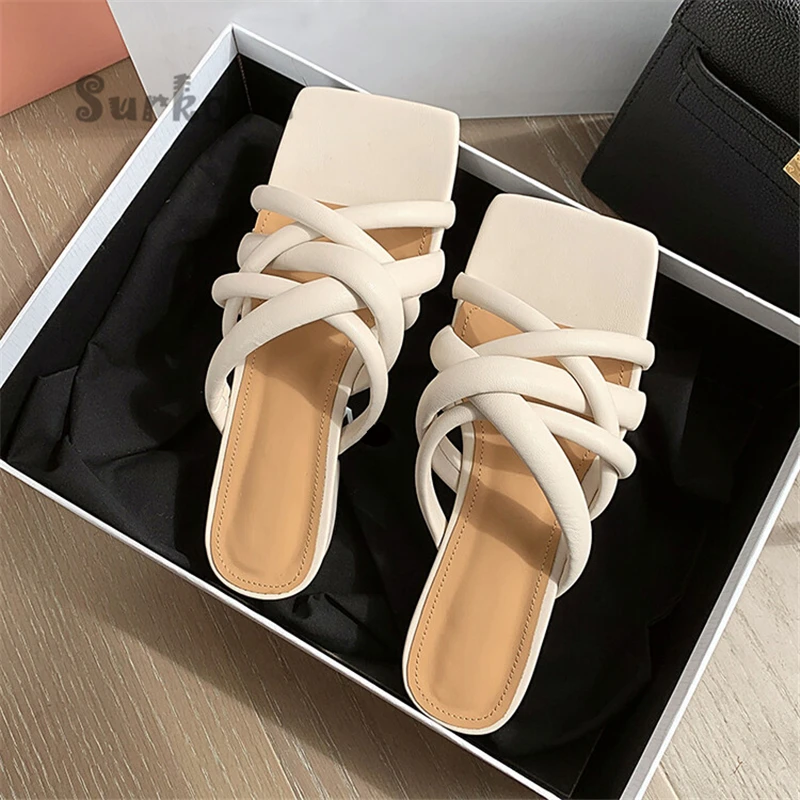 

French Style Square Toe Pumps Cross Strap Thick Mid-Heel Open Toe Sandals Women's Summer Outer Wear Slippers Dress Mules Shoes