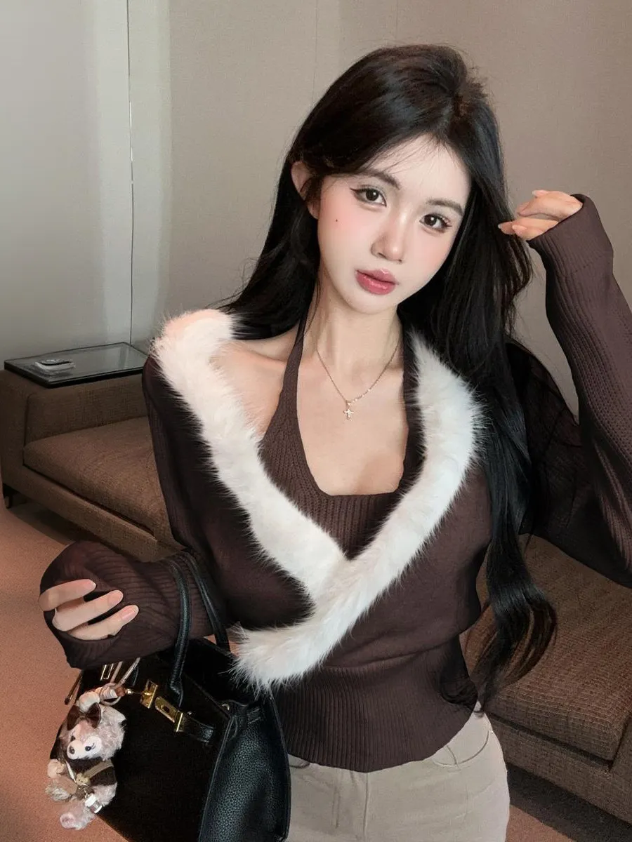 Sexy Hotsweet One Shoulder Feather Patchwork Coffee Brown Knit Sweater Women Spring Hollow Out Warm Bottoming Shirts Versatile