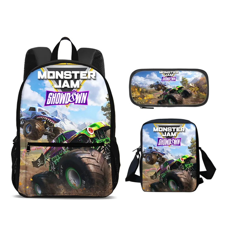 Monster Jam Backpack Pen Bag Shoulder Bag 3Pcs Set Large Capacity Cartoon Print Best Birthday Gift for Male and Female Students