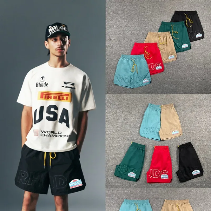 2026SS RHUDE Retro Patch Badge Shorts Unisex Oversized Elastic Waist Street Short Pants
