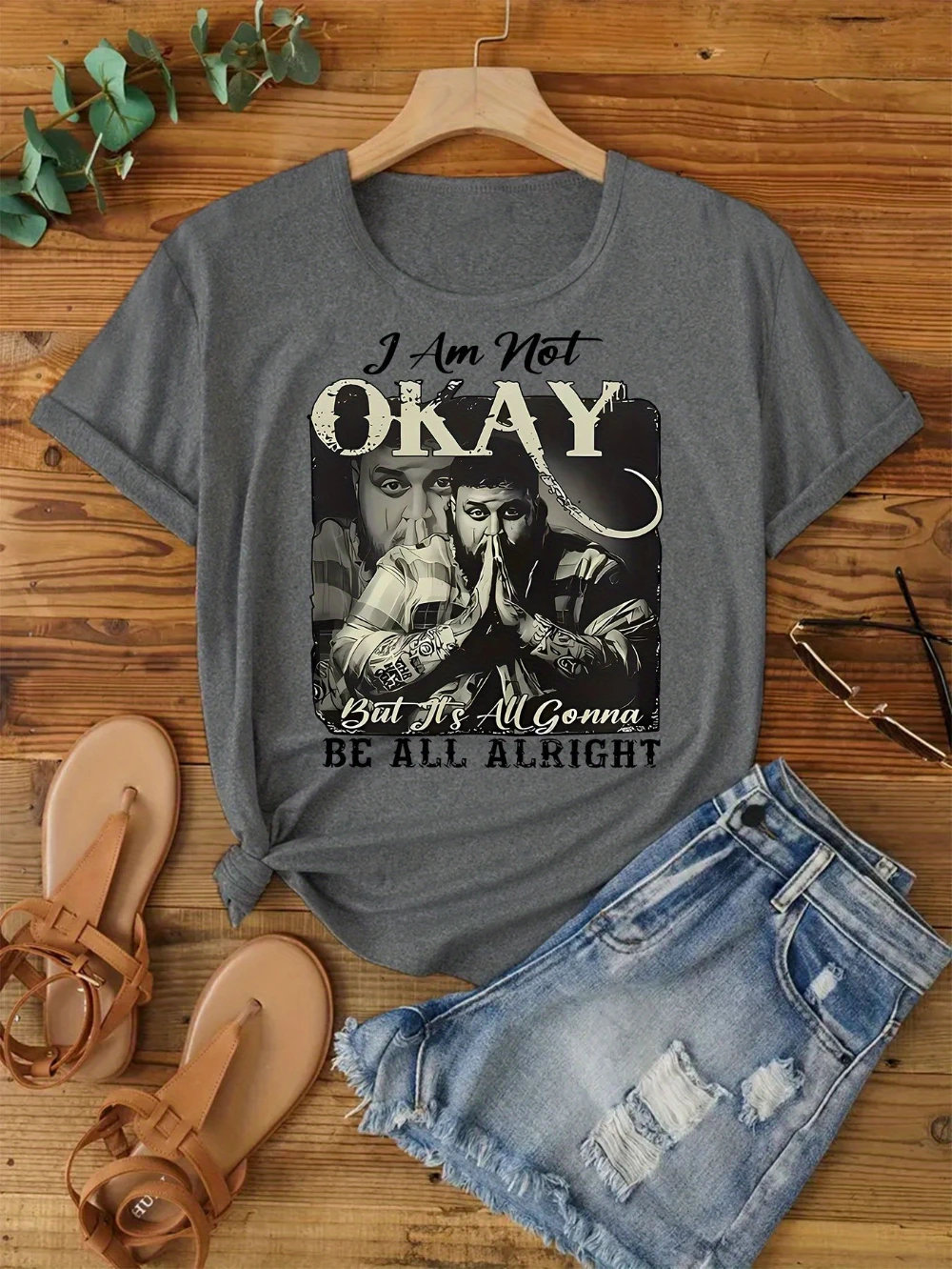Women's Fashionable Casual Trendy Letter Portrait Hands Praying Hands Round Neck Short Sleeve T-Shirt  harajuku vintage t shirt