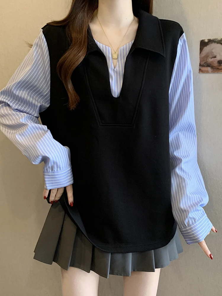 

Весна 2026: Женская полосатая рубашка с длинным рукавом, имитация двухслойности, свободный крой, в корейском стиле, повседневная одежда для дома, путешествий, офиса, женский топ