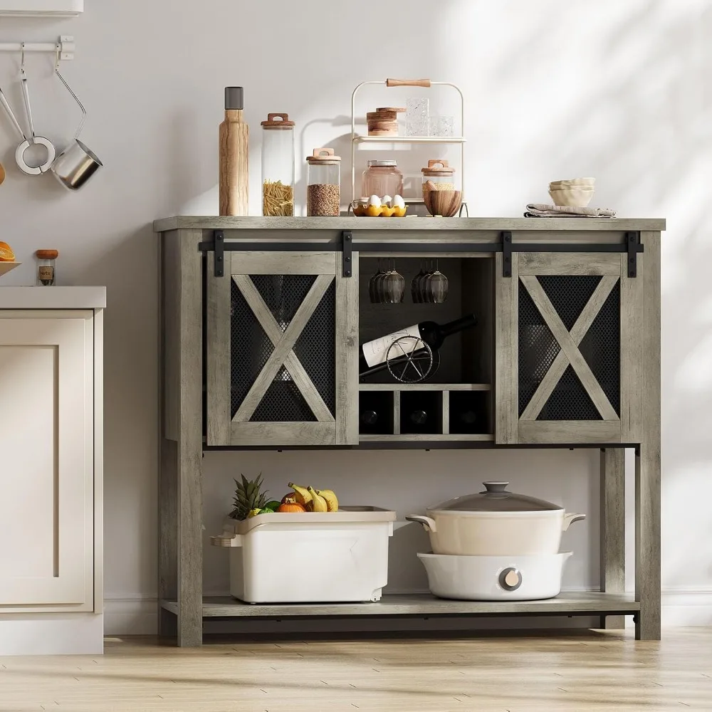 

Stylish Wine Bar Cabinet with Sliding Barn Door | Coffee Cabinet with Wine Rack & Glass Storage | Elegant Kitchen Buffet Sideboa