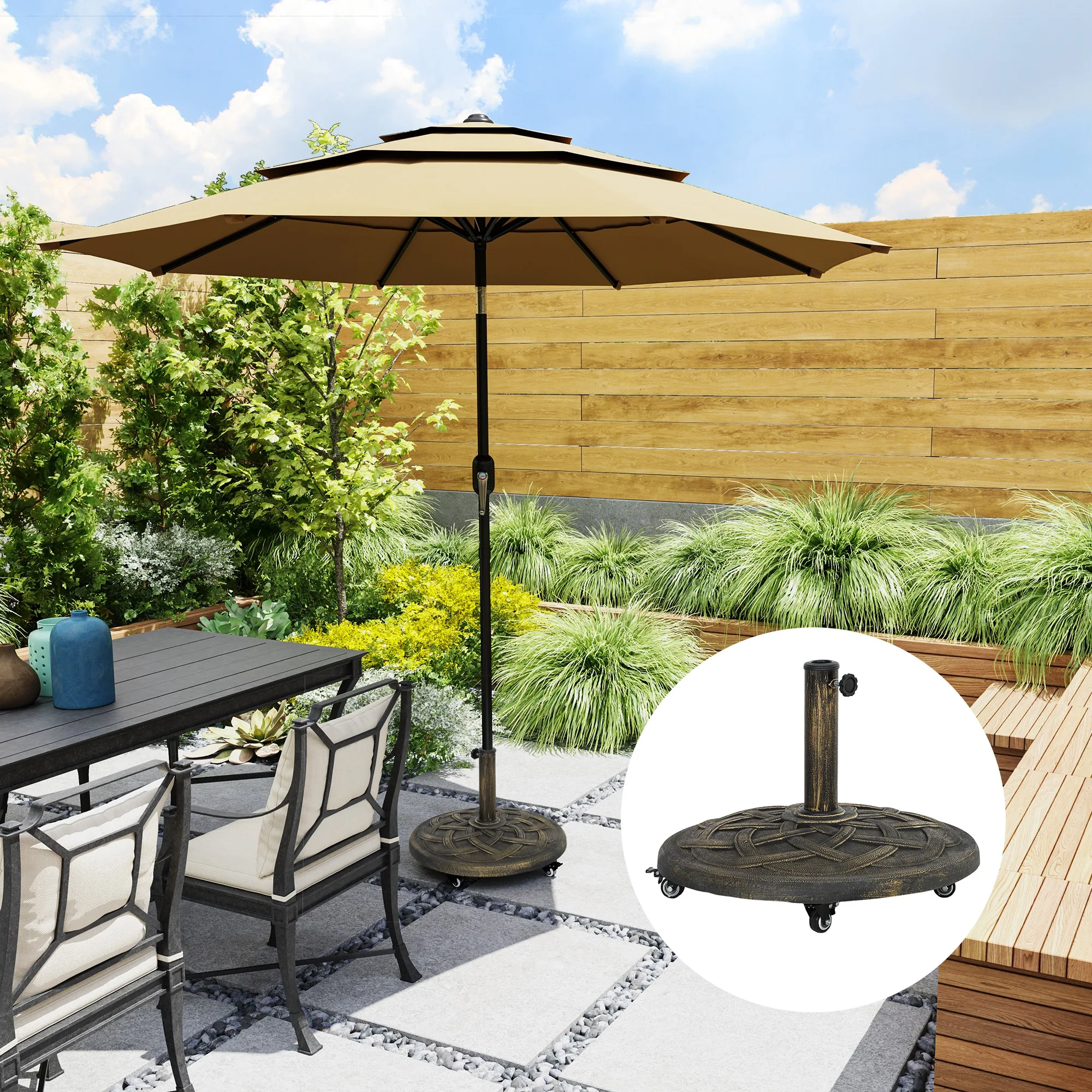 Round Patio Umbrella Base with Wheels, 44 lbs Resin Stand Fits 1.3/1.5/1.9