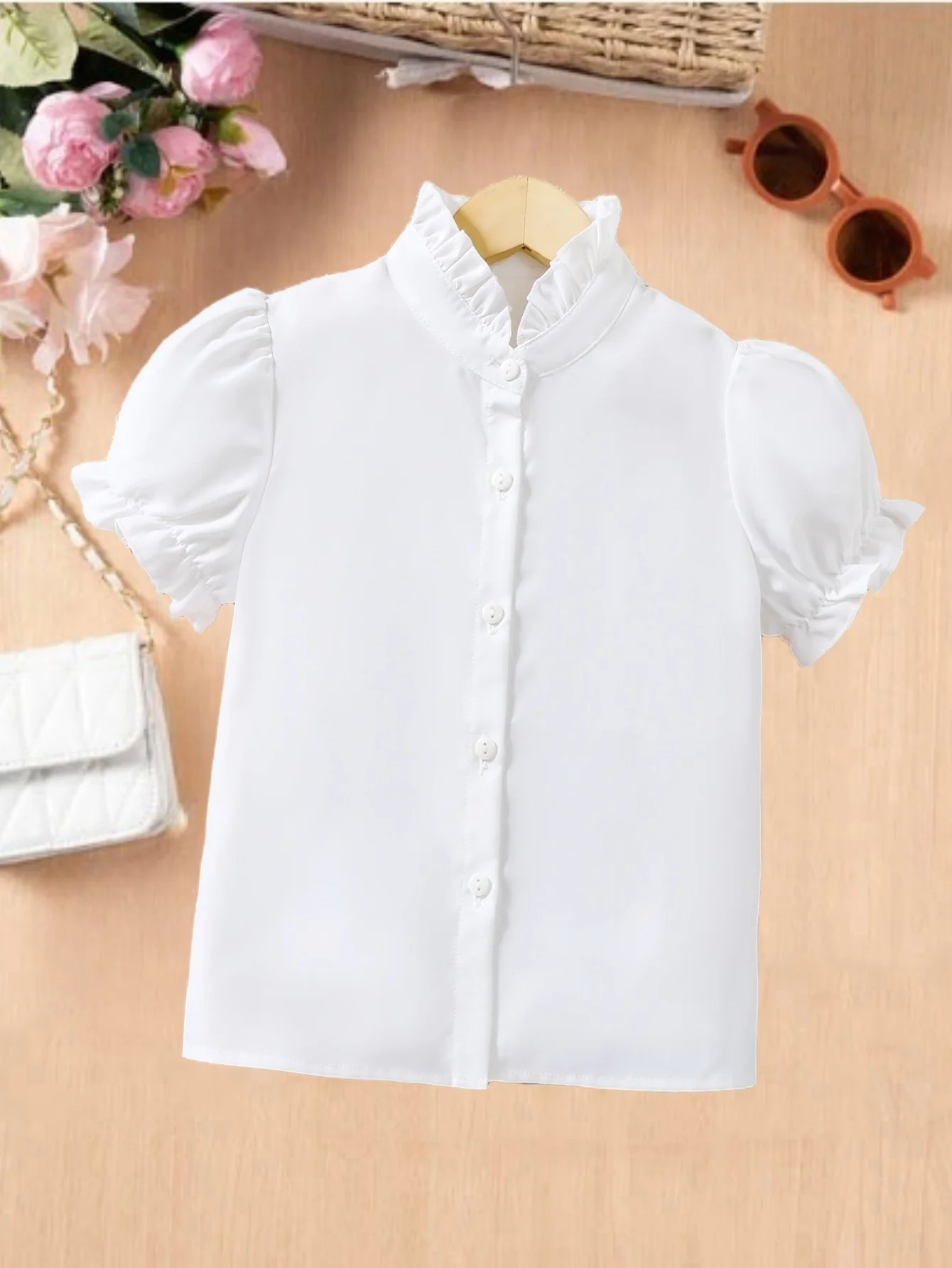 New summer girls' shirt, white short sleeves, ruffled decoration, comfortable and breathable