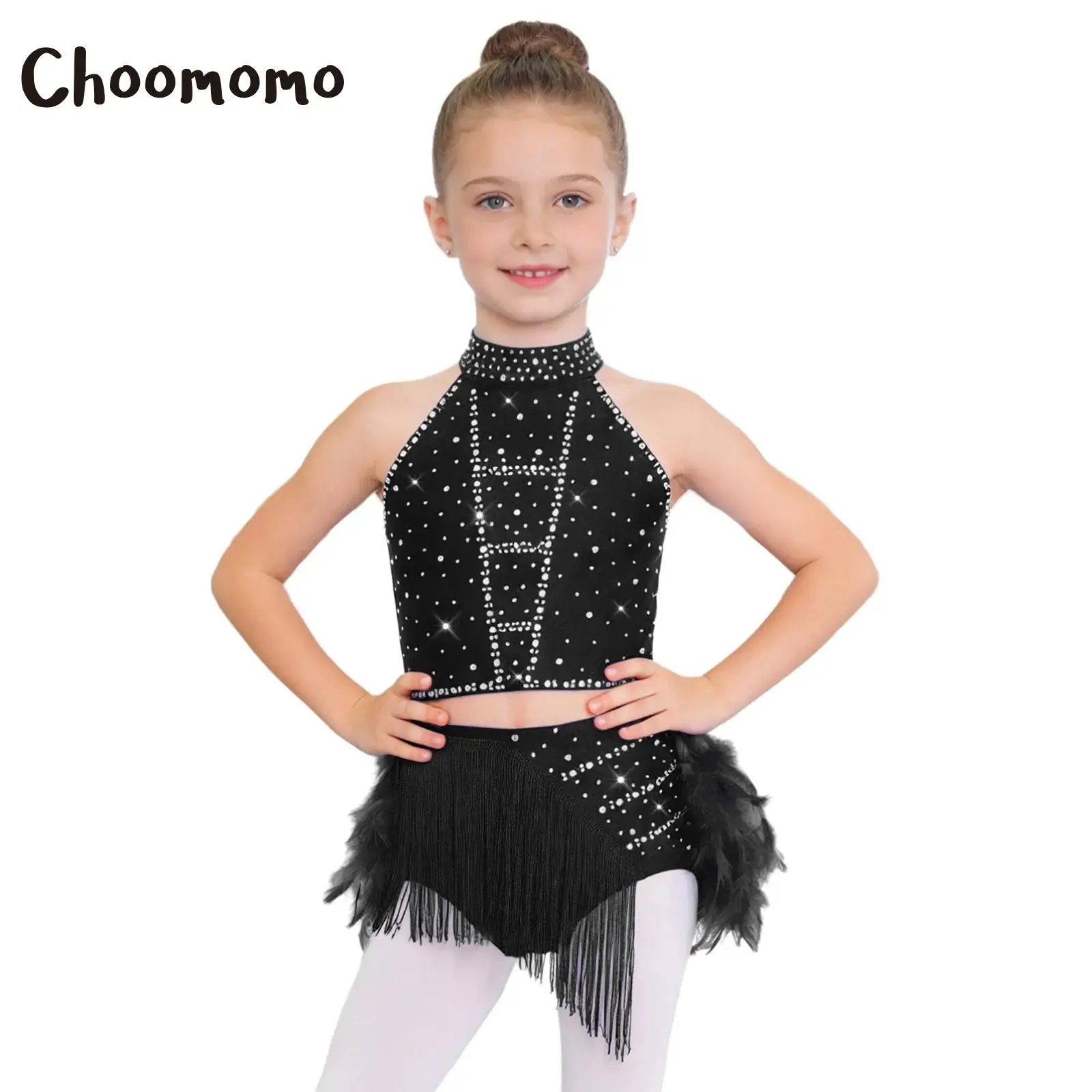 

Kids Girls Latin Dance Cha-Cha Samba Rumba Costume Outfit Halter Sleeveless Strappy Back Crop Top with Tassels Feather Skirt Set