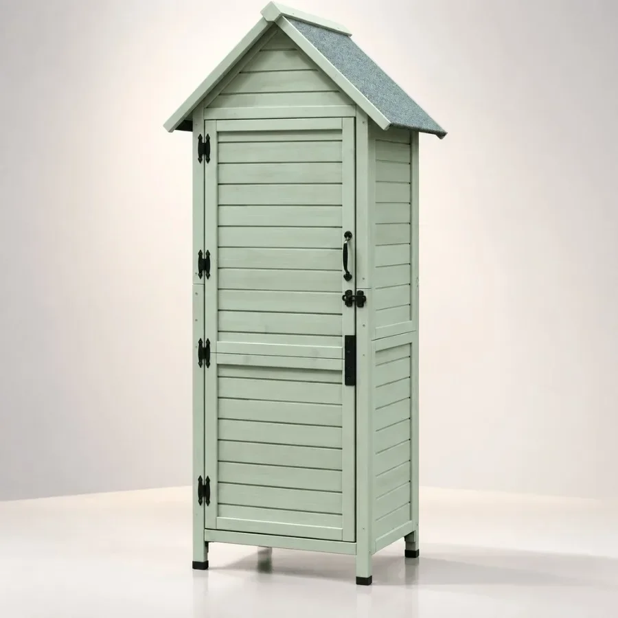 Outdoor wooden storage shed for garden tools with safety latch and adjustable shelves, weather-resistant, light green