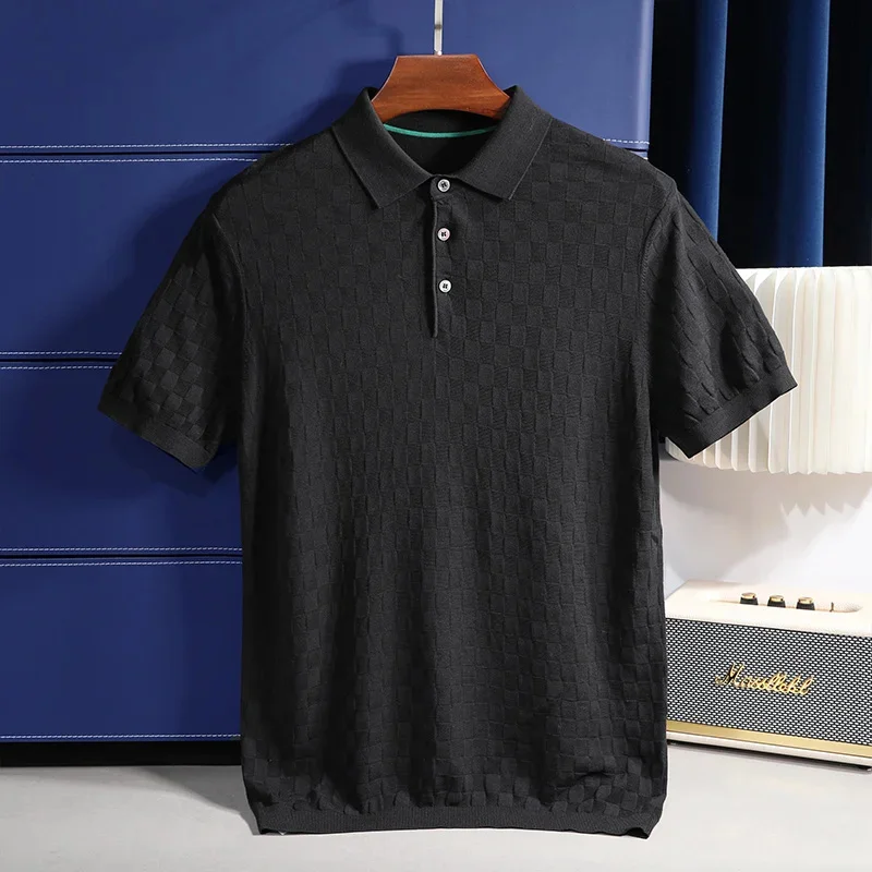 Luxury Fashion Summer Men's Lapel Polo Shirt with Checkerboard Pattern Business Casual Lyocell Short-sleeved T-shirt M-3XL