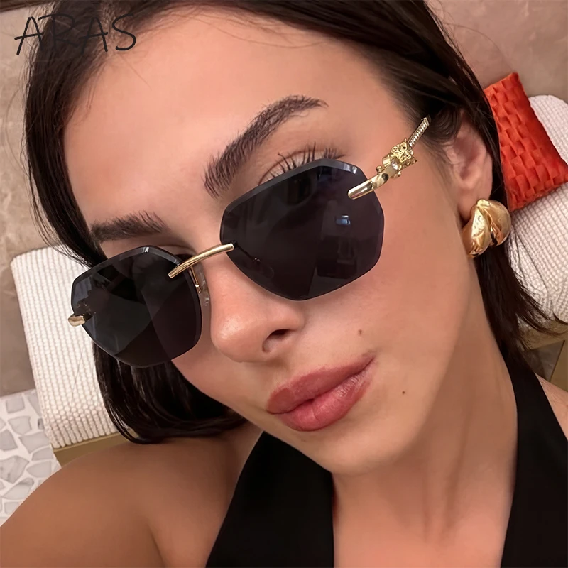 

Photochromic Rimless Sunglasses Women 2026 Luxury Designer Retro Polygon Rhinestone Leopard Head Sun Glasses Y2K Fashion Eyewear
