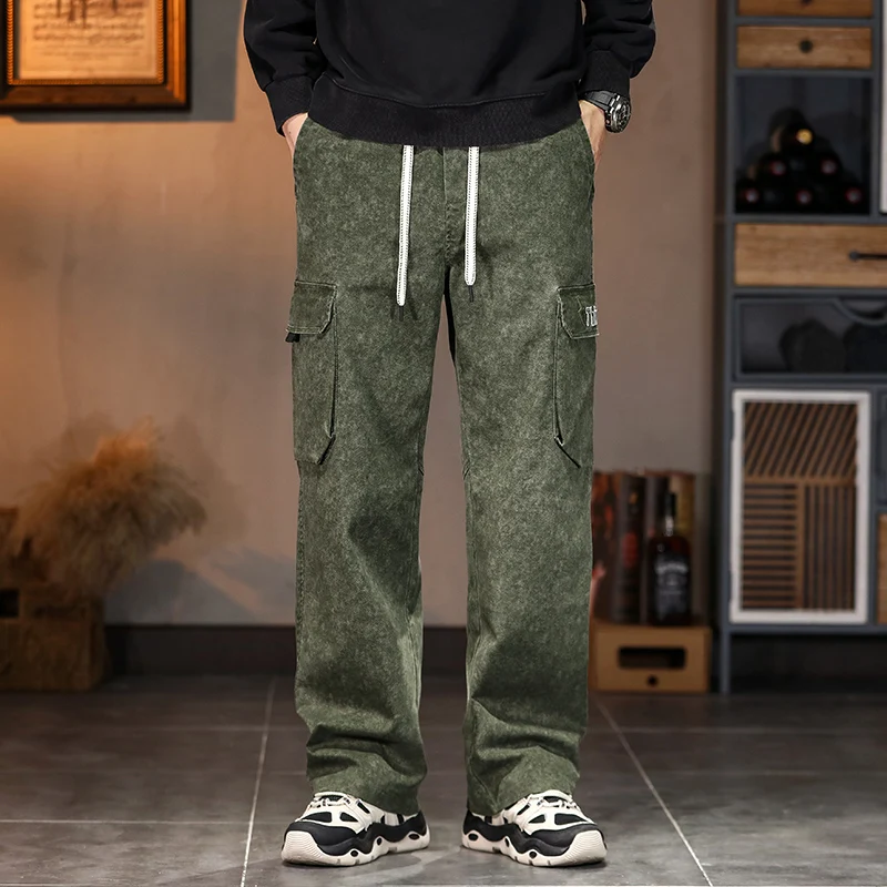 

Мужские уличные свободные прямые широкие джинсы-карго, осень-зима 2025 г., модные повседневные брюки с несколькими карманами в стиле ретро, большие размеры 5XL