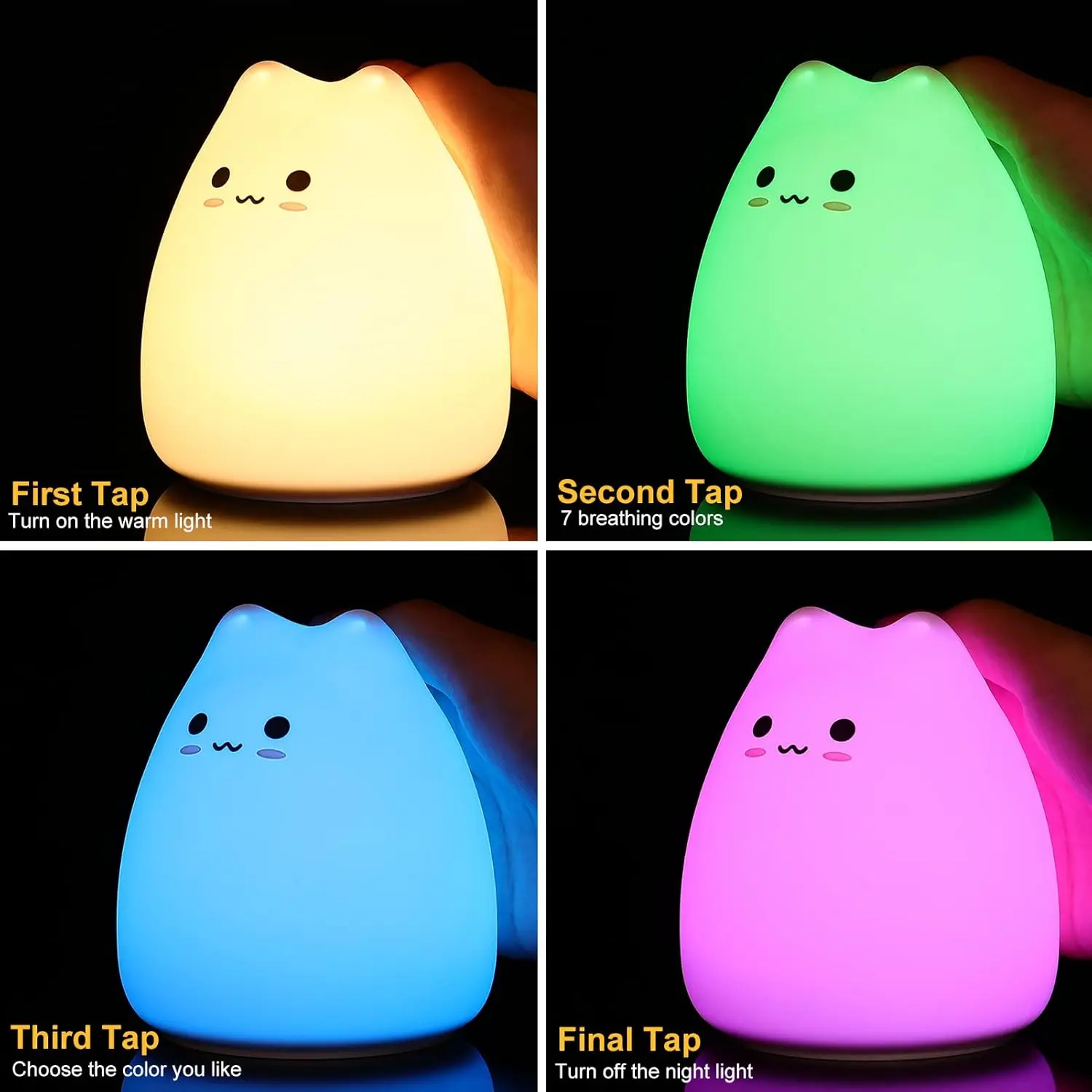 Linda luz nocturna de gatito, lámpara de silicona alimentada por batería con blanco cálido y modos de respiración de 7 colores, Control de Sensor táctil, regalo para Ho