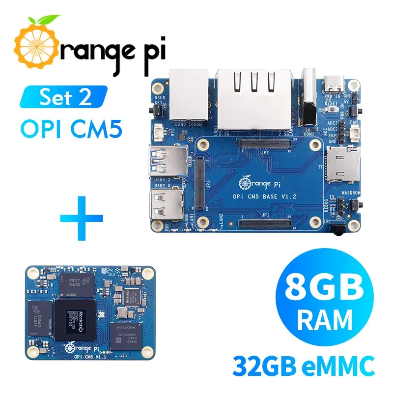 

Orange Pi CM5+Base Board 8GB RAM LPDDR4/4X 32GB EMMC Single Board Computer RK3588S 2*2.5G Ethernet WiFi-5+BT5.0 with BLE Mini PC