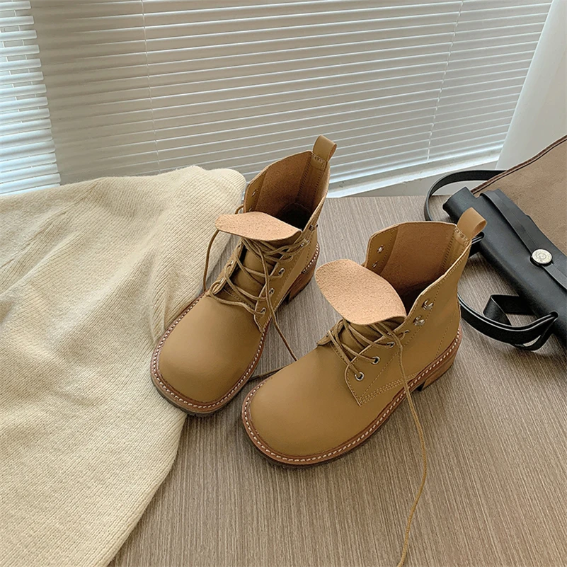 Meotina – bottines en cuir véritable pour femme, chaussures à bout rond, épais, mi-hauteur, courtes, pelucheuses, à lacets, jaunes, automne