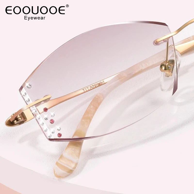 

Crystal Design Eyeglasses Women Titanium Rimless Glasses Gradient Coloed Lenses Myopia Prescription UV Protection Sun Glasses