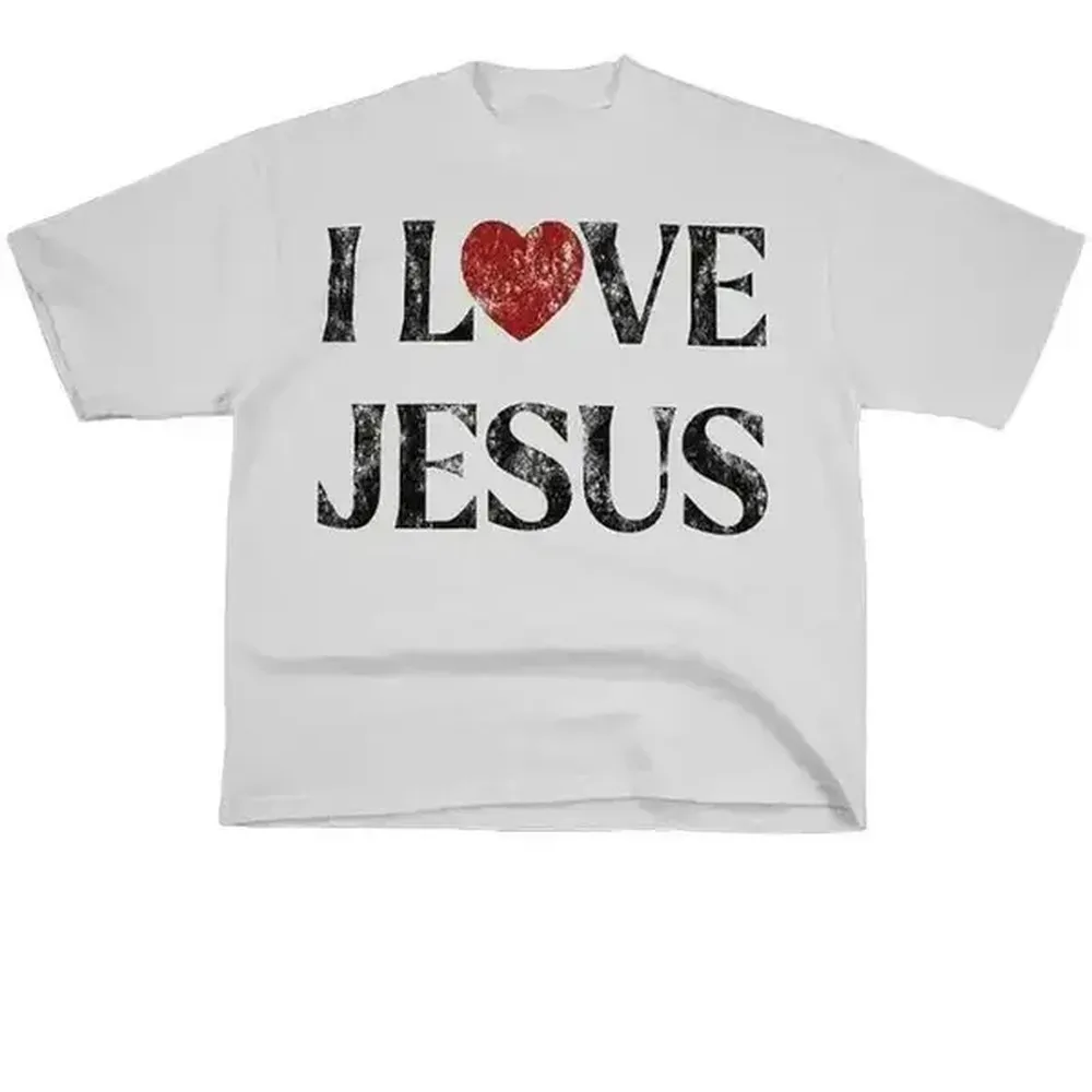 Camiseta Vintage con Estampado 'I Love Jesus', Manga Corta, para Hombre, Ropa Interior, Algodón y Poliéster, Camiseta con Estampado de Letras para Mujer, Cuello Redondo, Regalo Perfecto para Hombre