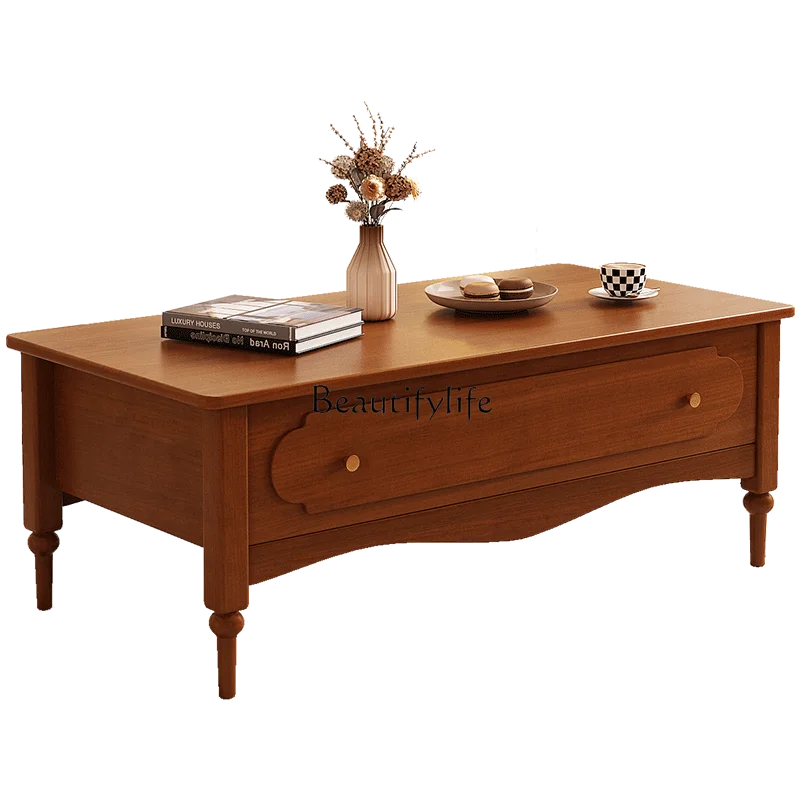 

French Solid Wood Retractable Coffee Table Simple Retro Small Apartment Living Room Storage Side Table