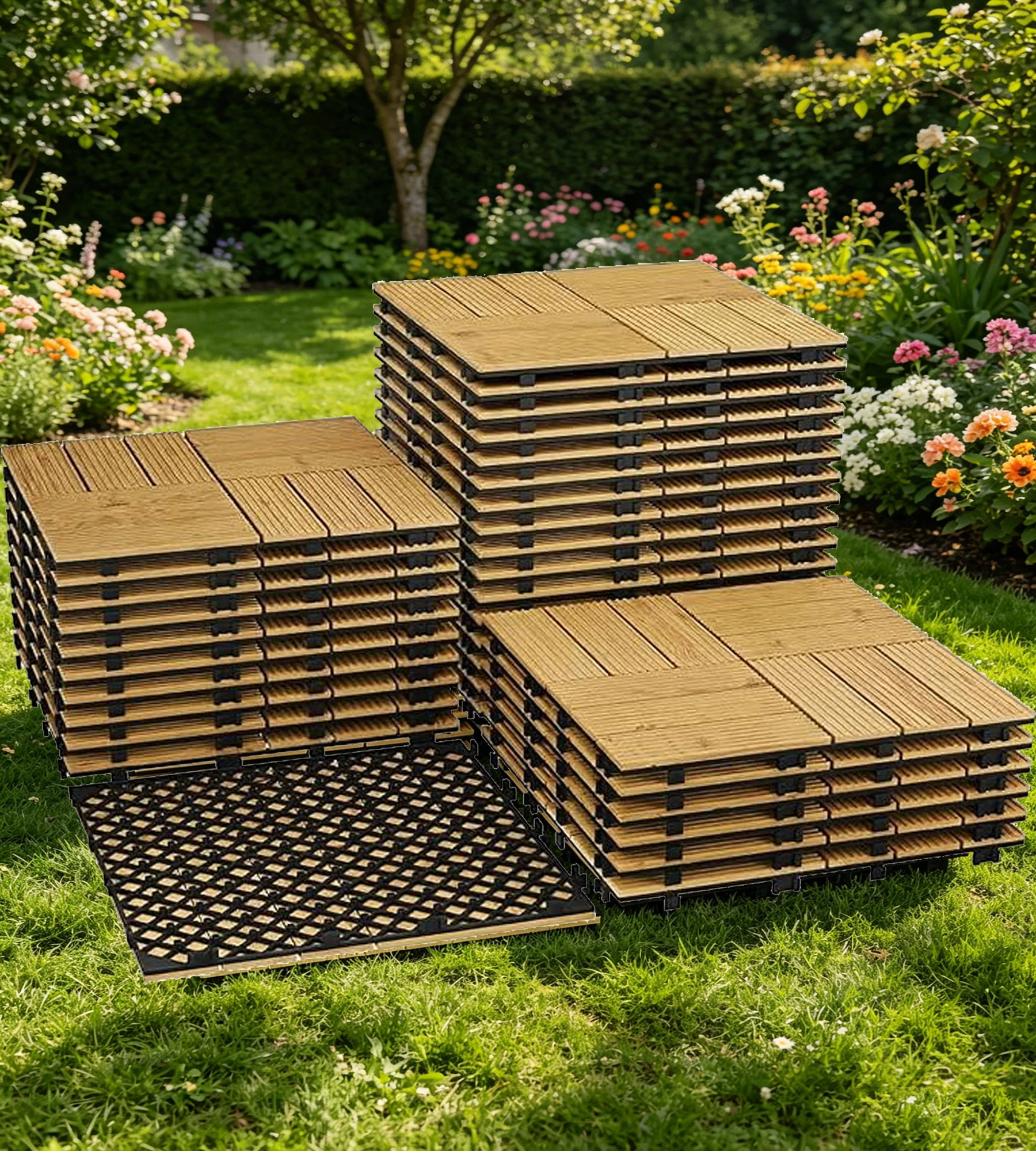 22/33pcs Interlocking  Wood Interlocking Floor Tiles for Patio, Waterproof & Non Slip Outdoor Flooring, Easy to Cut & Install Deck Tiles for Basement Garden Balcony