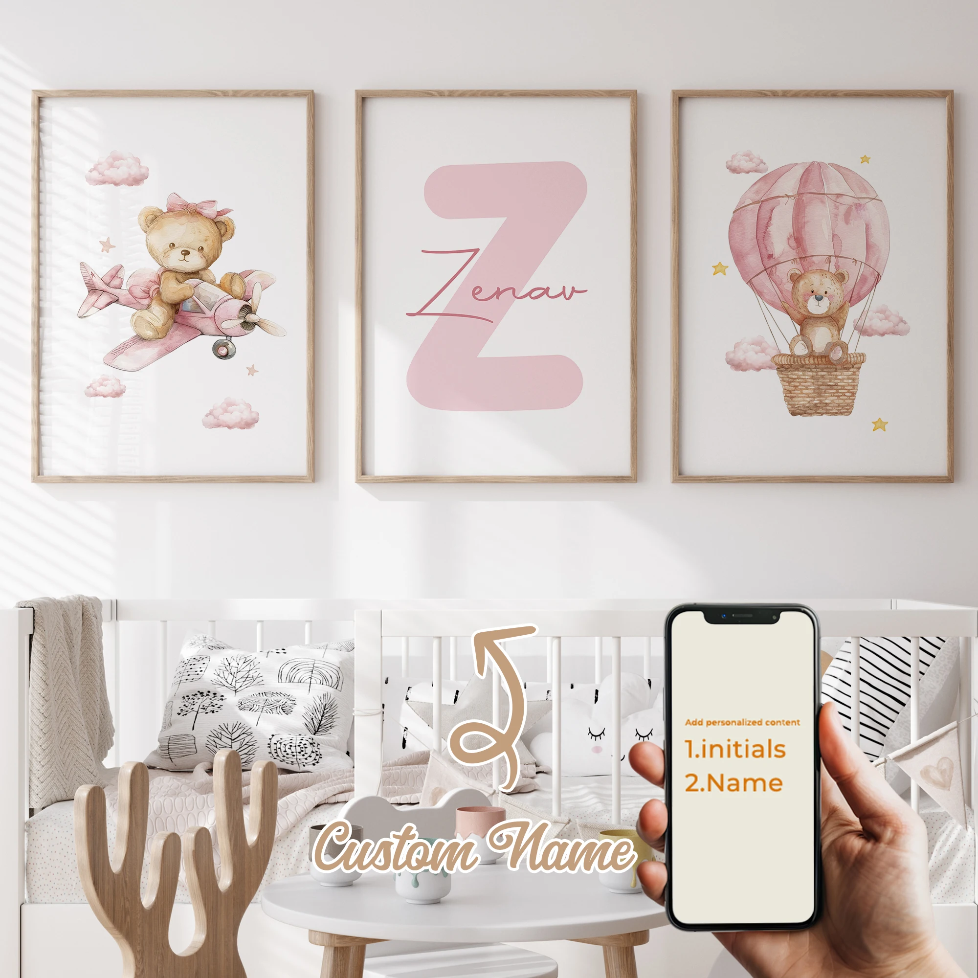 

3pcs Personalized Custom Name Cartoon Bear Wall Art Print Picture Canvas Poster Painting For Living Room Kids Room Home Decor