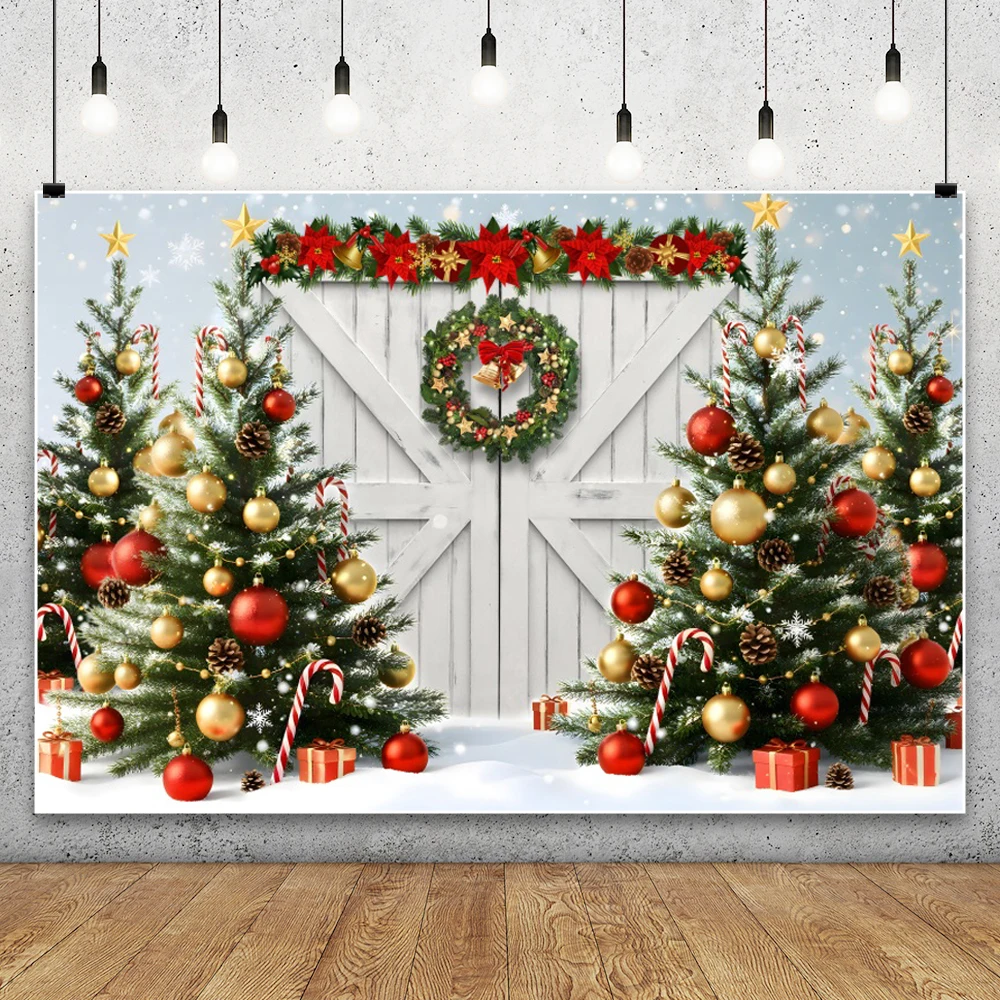 Christmas Rustic Backgrounds For Photography Baby Shower Red Barn Door Wreath Santa Gifts Snowy Tree Family Decor Photo Backdrop