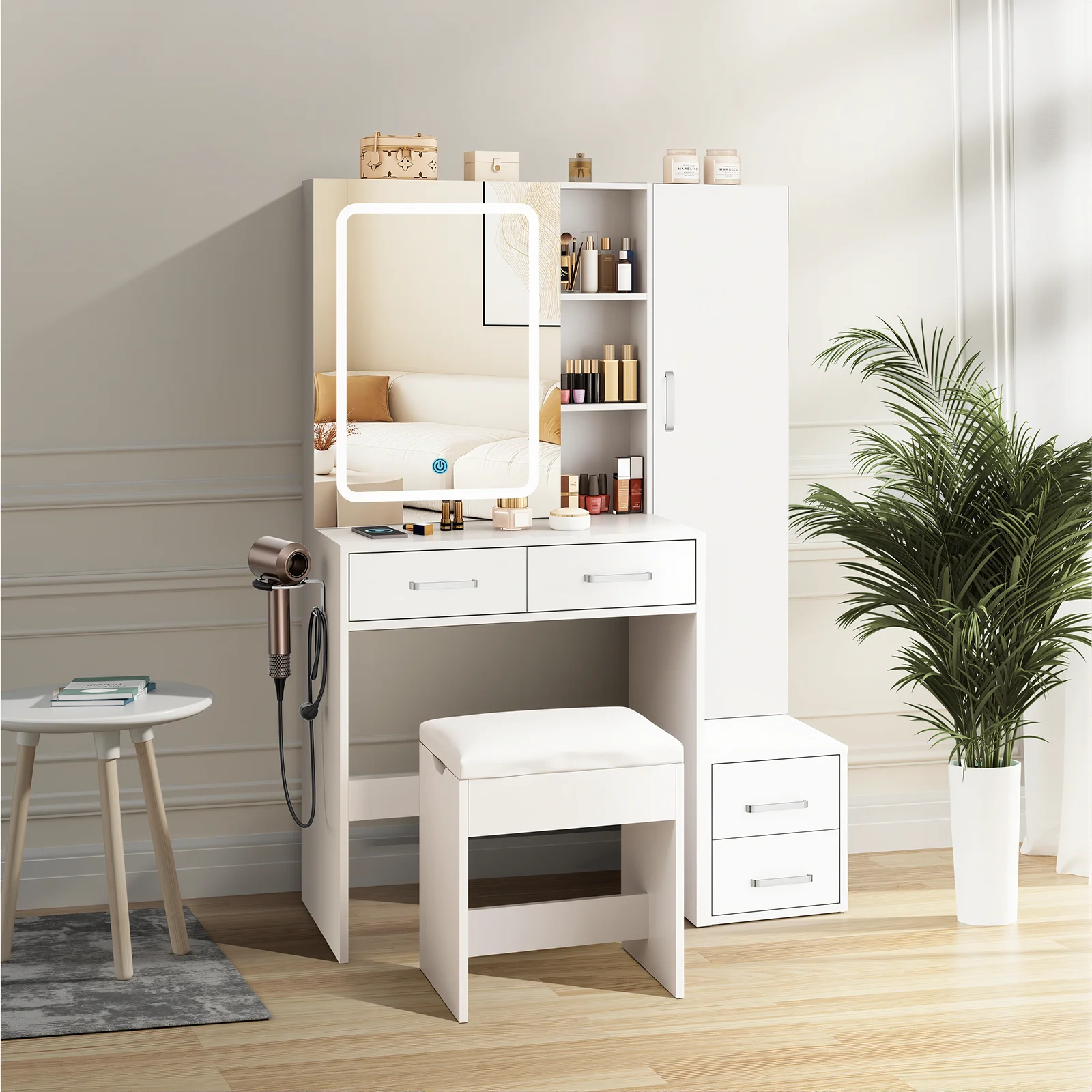 Kaptafel met LED-spiegel & opbergkast, make-uptafel met verlichting, 4 laden & planken, kaptafel