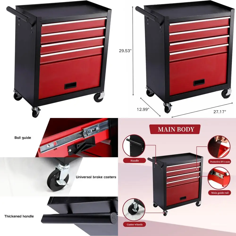 

Multifunctional Rolling Tool Chest with 4 Drawers and Cabinet, Heavy Duty Trolley Organizer for Tool Storage and Cart, Large Cap