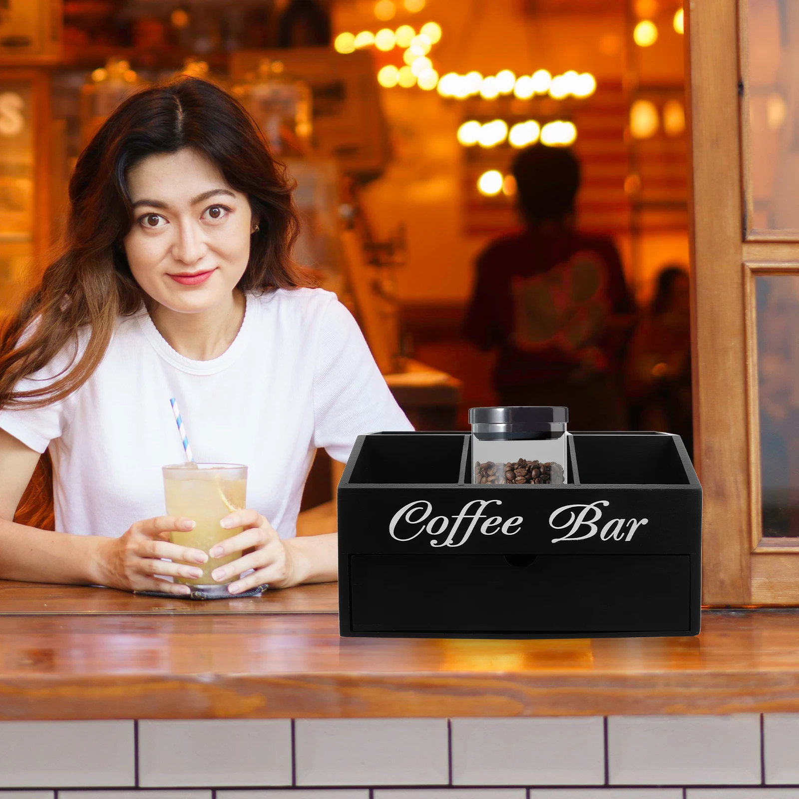 

Wooden Coffee Bar Storage Box Counter Organizer Black Rack for Condiment Tea Coffee Station Home Use Storage Solution