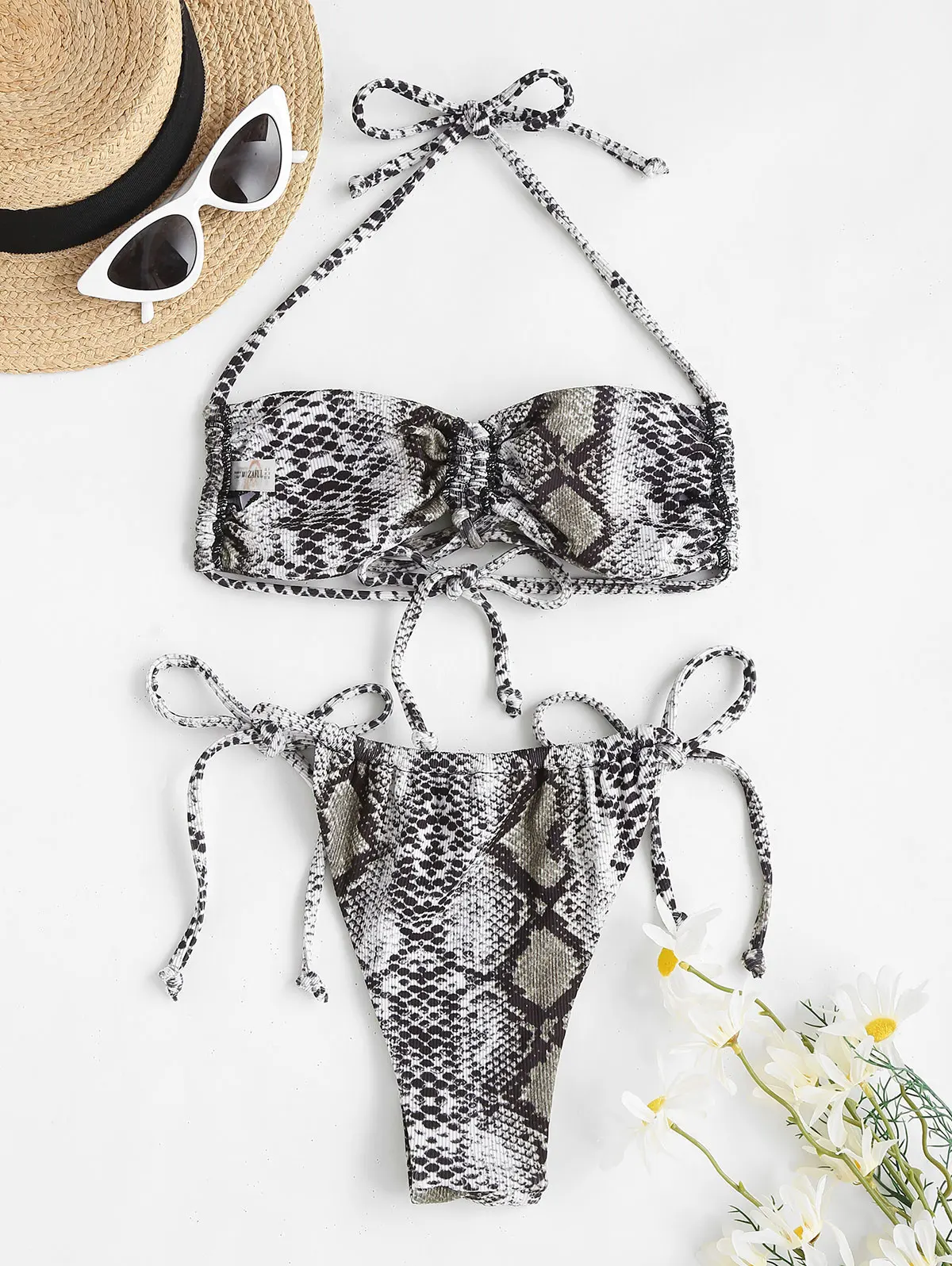 ZAFUL Snakeskin Cinched Ribbed String Bikini Swimwear