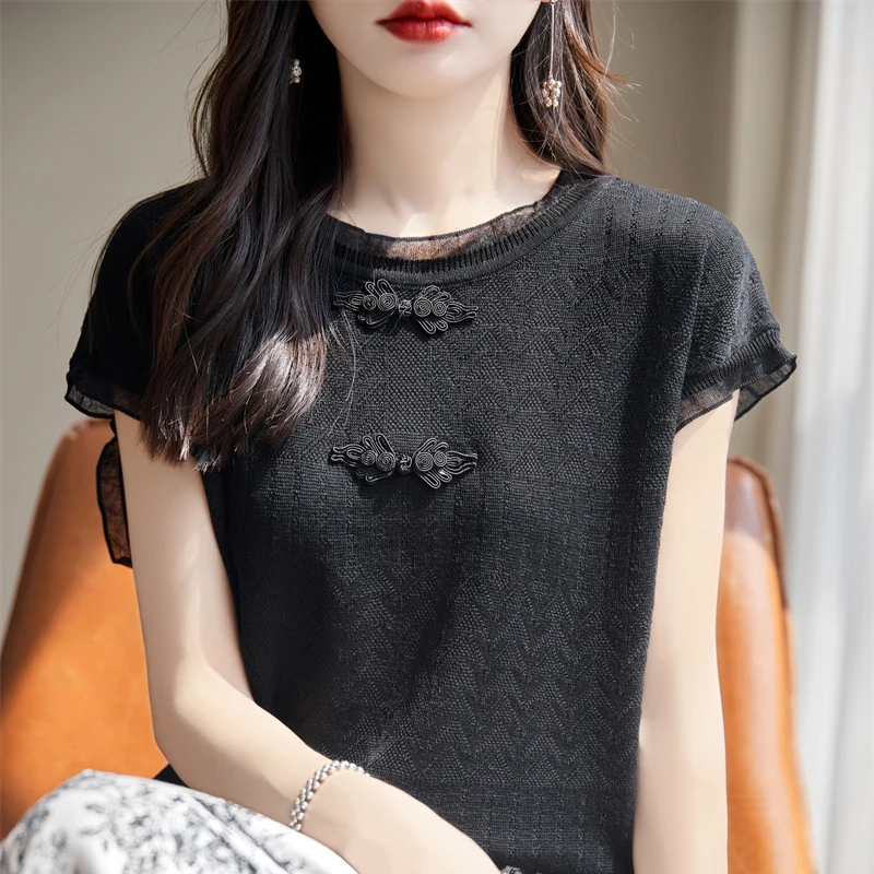 YSC 2024 Spring Summer Women Knitted Tencel Pullover Round neck short sleeved Lace edge decoration high quality Chinese style